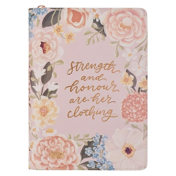 Christian Art Gifts Inspirational Zippered Journal, Strength & Dignity Wide Ruled Notebook, Prov. 31:25 Bible Verse, Pink Vegan Leather, 336 Lined Pages w/scripture, (9” x 6.4” x .9”)