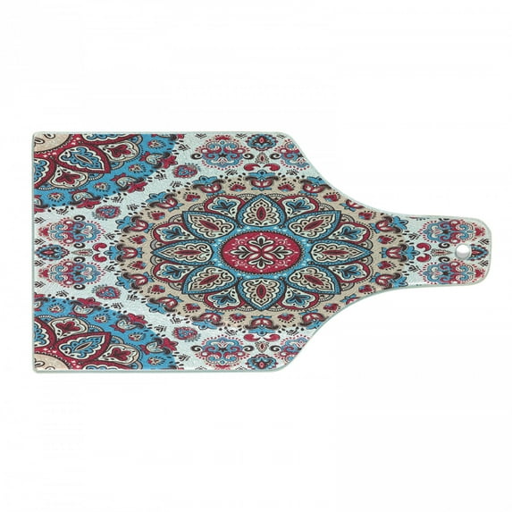 Ethnic Cutting Board, Oriental Style Floral Circles Paisley Retro Image in Pastel Colors, Decorative Tempered Glass Cutting and Serving Board, Wine Bottle Shape, Turquoise Pale Pink, by Ambesonne