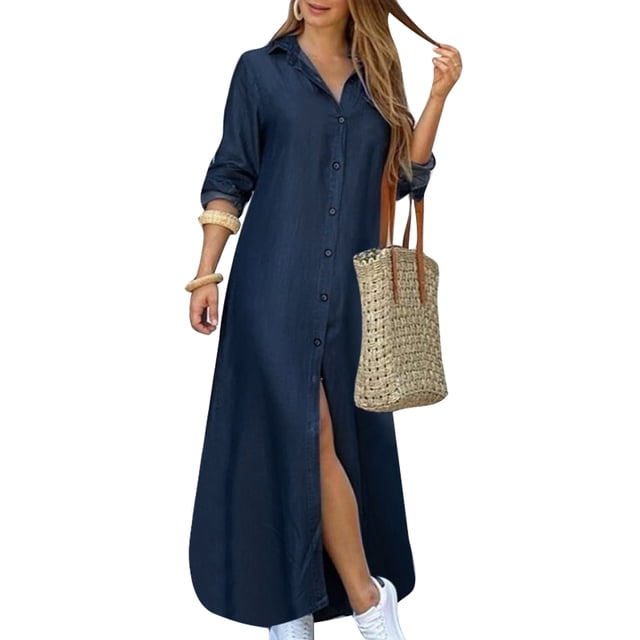 MAWCLOS Robes Maxi pour Femmes Robe Chemise à Imprimé Floral Kaftan à Revers Manches Longues 8997 Bleu Profond TTG