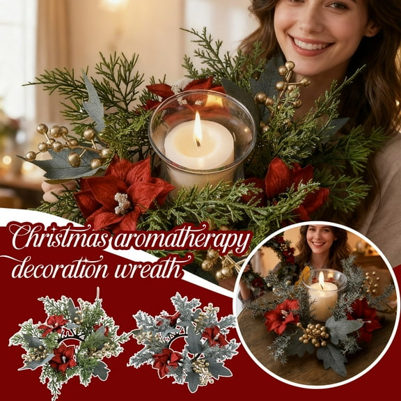Christmas Centerpiece with Floral Wreath and Candlestick - Farmhouse Table Decor for Dining Room, Holiday Christmas Decorations, Artificial Greenery Arrangement (1pc)