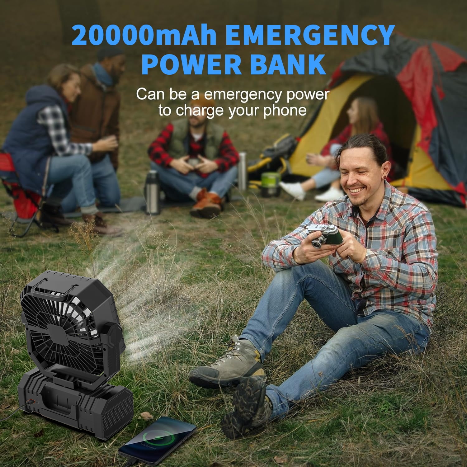 SuperRGB Portable Camping Fan, 20000mAh Rechargeable Battery Operated Fan with LED Light & Remote, 4 Speeds, Timer & Hanging Hook for Tent, Outdoor, Travel, Emergency, Black