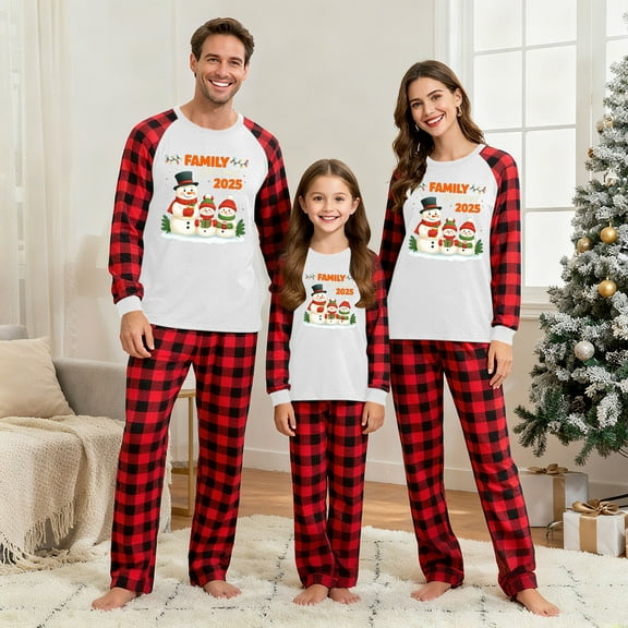 AGWOLF Christmas Matching Sets for Family Comfy Long Sleeve Shirts & Plaid Pj Pants Snowman Graphic Xmas Two Piece Sleepewear Holiday Festival Loungewear Set