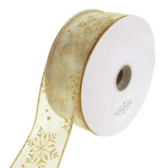 Glitter Snowflake Organza Wired Christmas Holiday Ribbon, 2-1/2-Inch, 50 Yards - Ivory/Gold