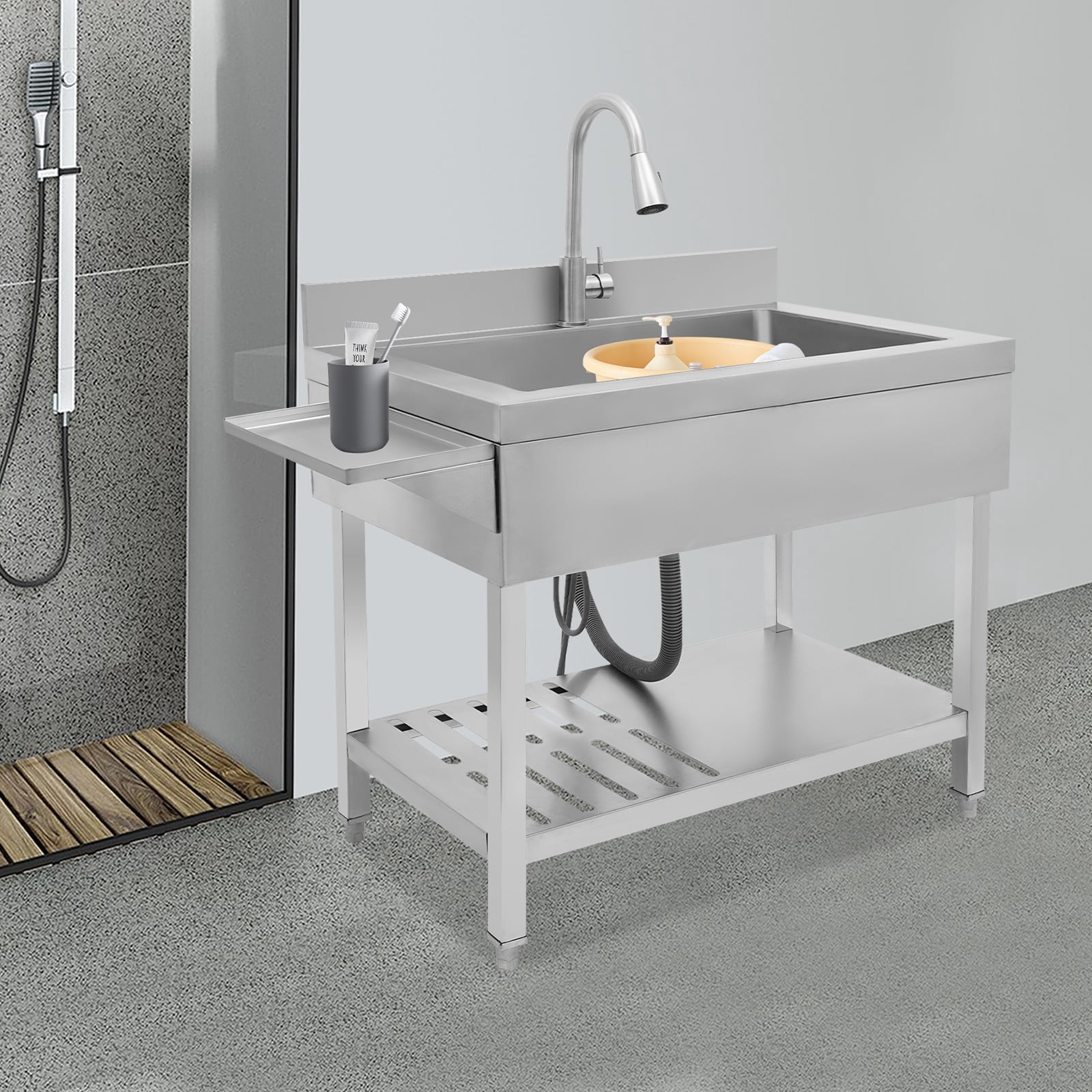 Silver Stainless Steel Single Bowl Sink, 35.4" x 22.4" x 37" Commercial Kitchen Sink Freestanding Prep & Utility Sink with Cold and Hot Water Faucet for Kitchens, Bathrooms, Garage, Laundry Room