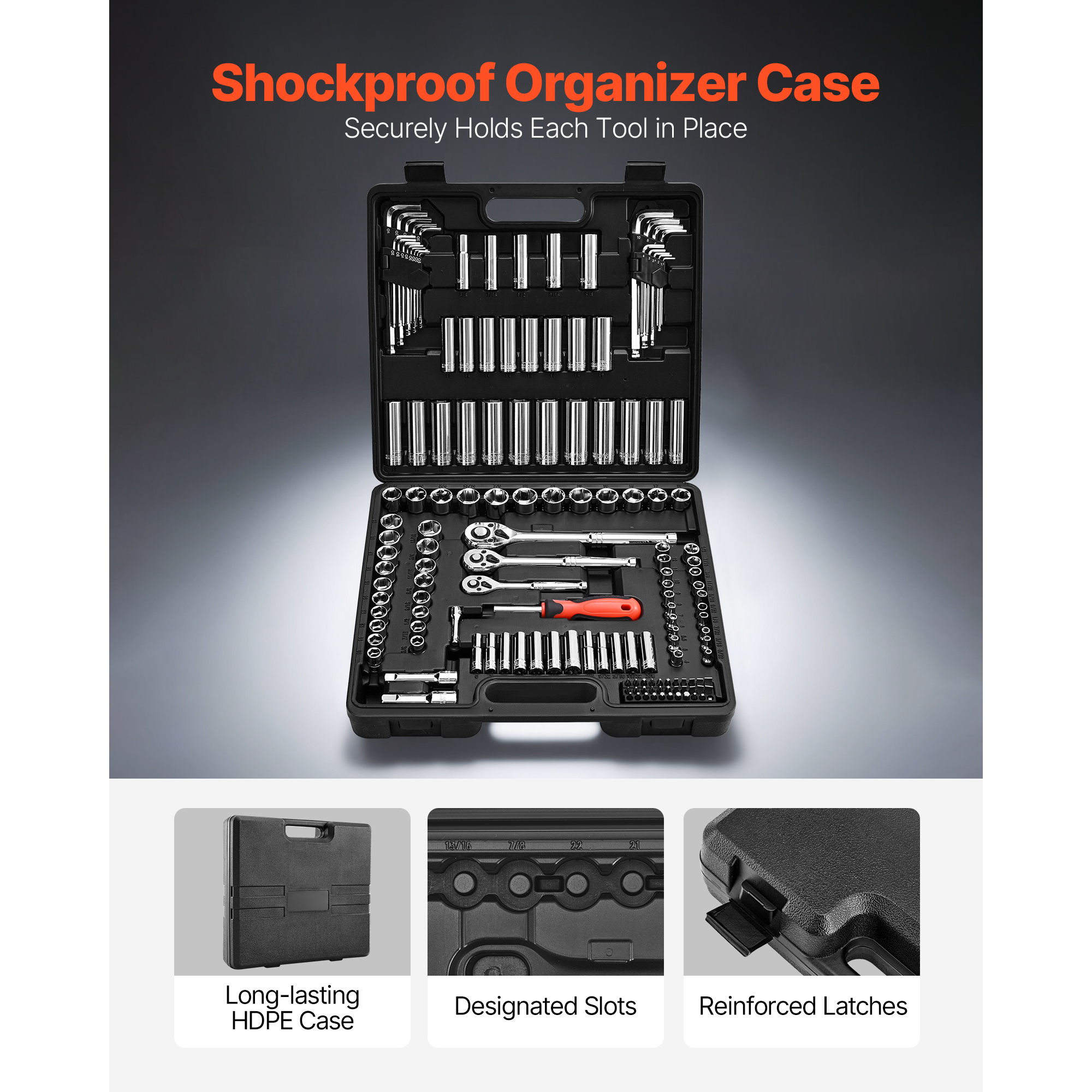 KFFKFF 149-Piece Socket Set, 3/8, 1/4, and 1/2 Inch Drive Ratchet and Socket Kit, SAE and Metric Sizes, Includes Deep and Shallow Sockets, Bits, Accessories, Durable Storage Case, CR-V Steel