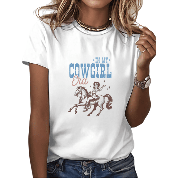 White Print Tshirt Graphic Tees Loose Shirts S-5XL In My Cowgirl Era Trendy Western Horse Print Country Fashion Plain Tops