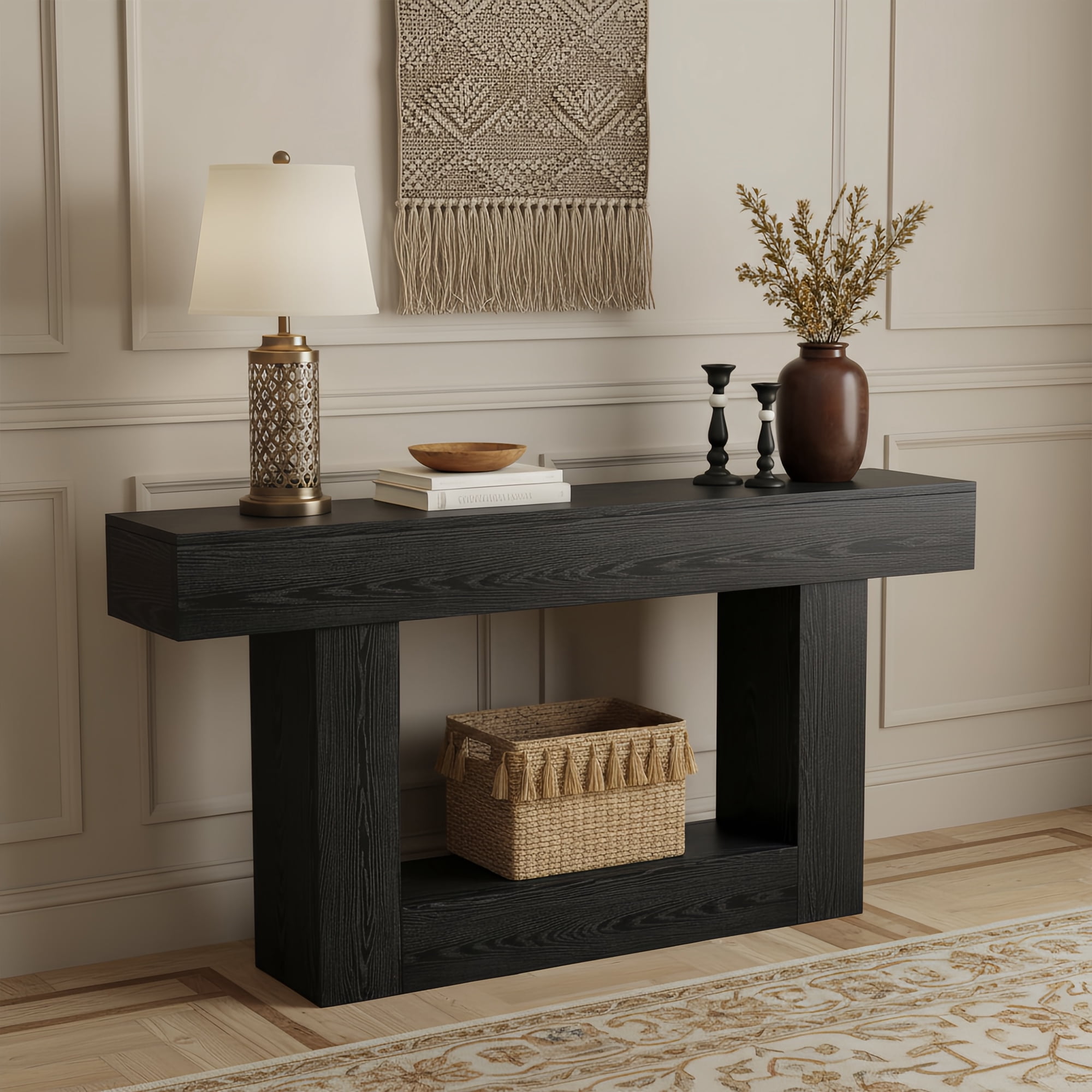 63" Farmhouse 2-Tier Console Table, U-Shaped Base Entryway Table, Narrow Wood Sofa Table Behind Couch for Living Room & Hallway (Black)