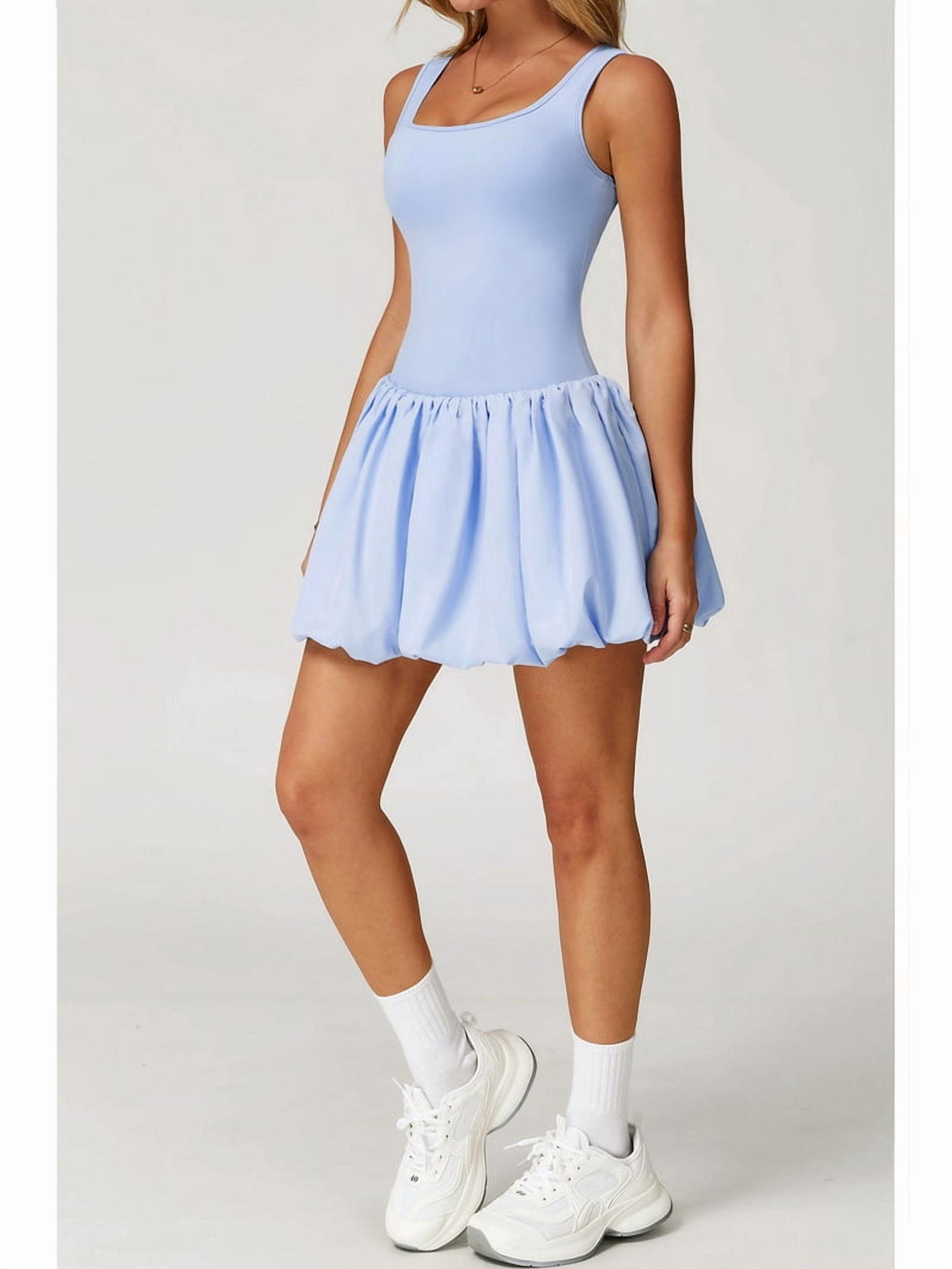 Womens Squre Neck Sleeveless Workout Golf Athletic Bubble Dresses Build in Shorts with Pockets