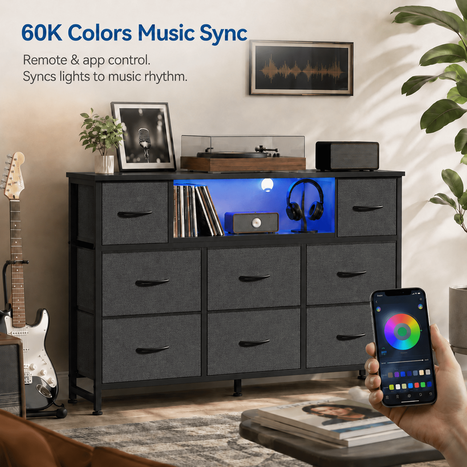 Alvantor Dresser TV Stand for 45, 50, 55 inch TV, Entertainment Center with LED Lights & Charging Station, Chest of Drawers with 8 Fabric Drawers and Open Shelves for Living Room, Hallway, Wood Top