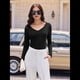 thumbnail image 4 of Camiseta Básica Ajustada de Punto Acanalado con Cuello en V y Larga para Mujer Negro L, 4 of 7