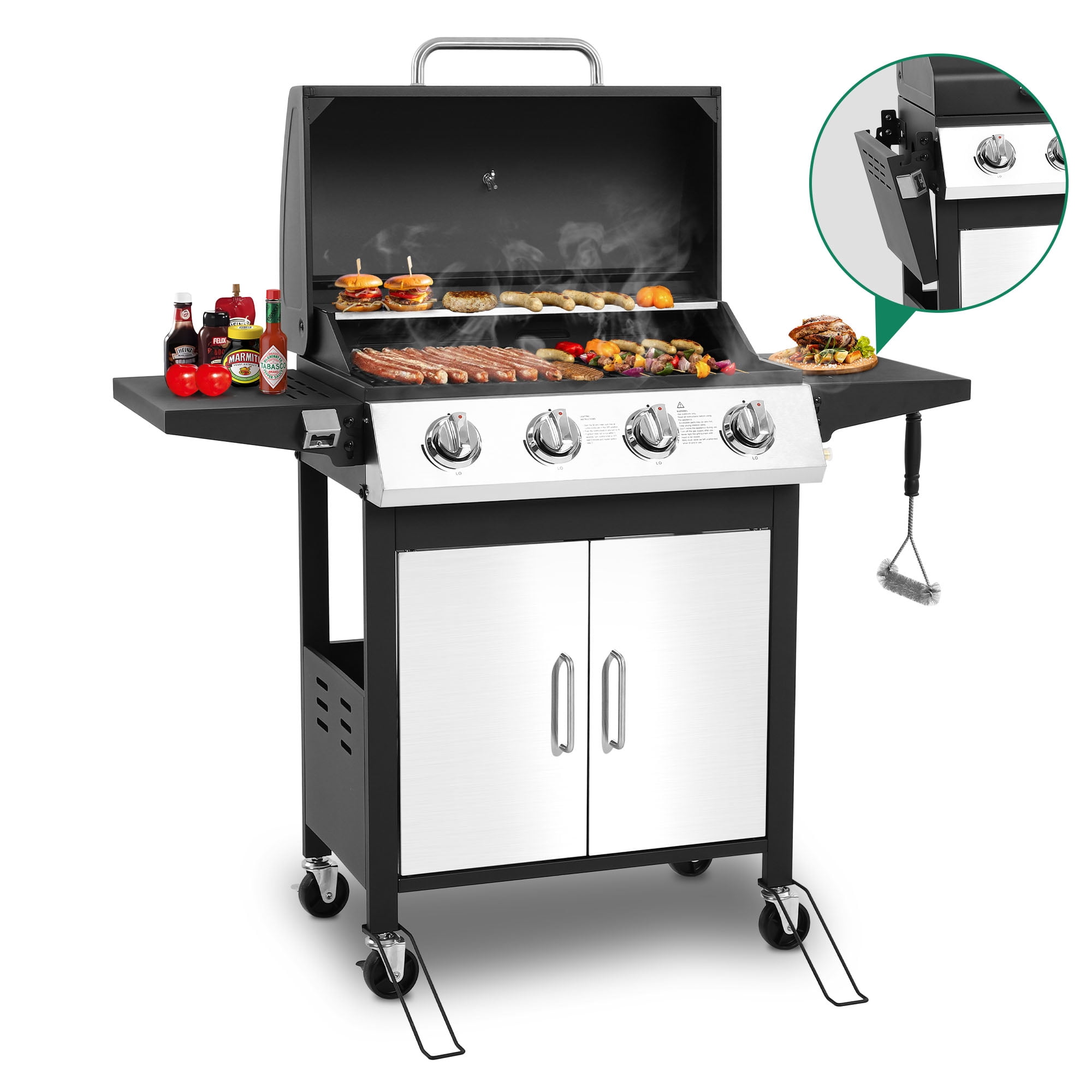 4-Burner Propane Gas Grill, Bbq Grill with Folding Side Tables, 44,000 Btu, Porcelain Grates, Easy-Clean Design, Thermometer & Bottle Opener