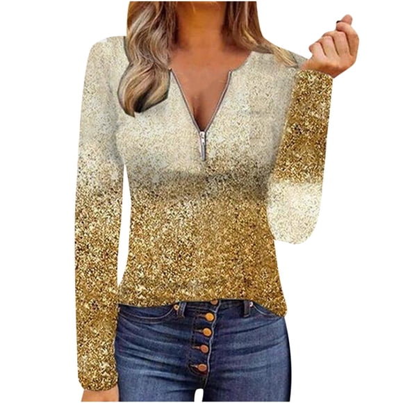 My Items Shirts for Women Women's Long Sleeve Shirts Womens Long Sleeve Zip up V Neck Printed Top T Shirt Casual Shirts Tee Blouse L