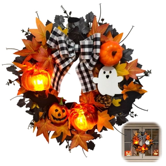 Halloween Wreath, Halloween Pumpkin Ghost Wreath with Lights, Front Door Hanging Decor with Pumpkin, Ghost, Indoor Outdoor Party Wall Decoration