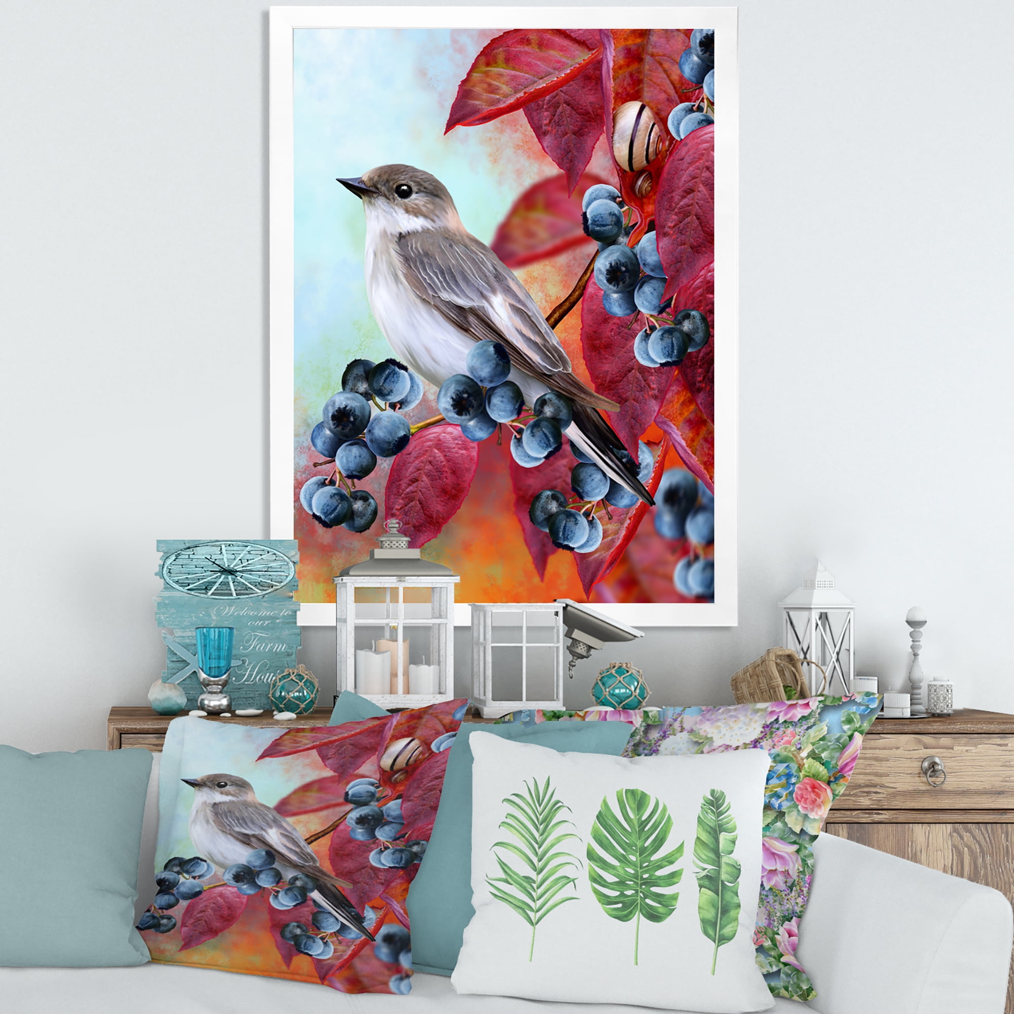 Designart 'Close Up Little Gray Bird On Red Autumn On Blueberry Twig' Traditional Framed Art Print