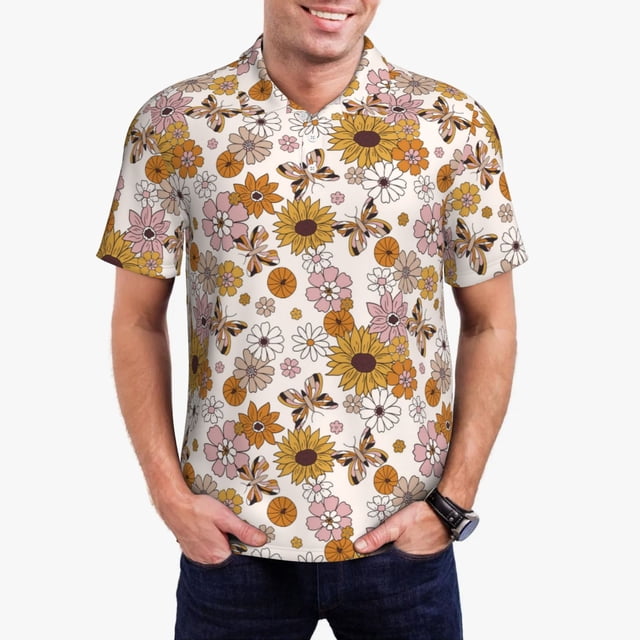 Balery Sunflowers And Butterflies Camisa Polo de Hombre con Estampado, de Manga Corta y Tejido Medio, Camisa Tipo Golf Polo-XX-Large