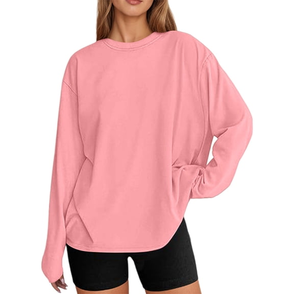 HJYCHN Women's T-Shirts Fashionable Oversized Casual Basic Round Neck Fall Top Everyday Wear Long Sleeve Tops for Women Light Pink XS