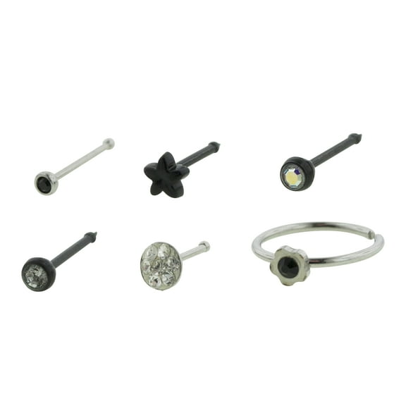 Body Jewelry Women's Body Art Jewelry 22G Crystal Variety Nose Rings, 6 Pack