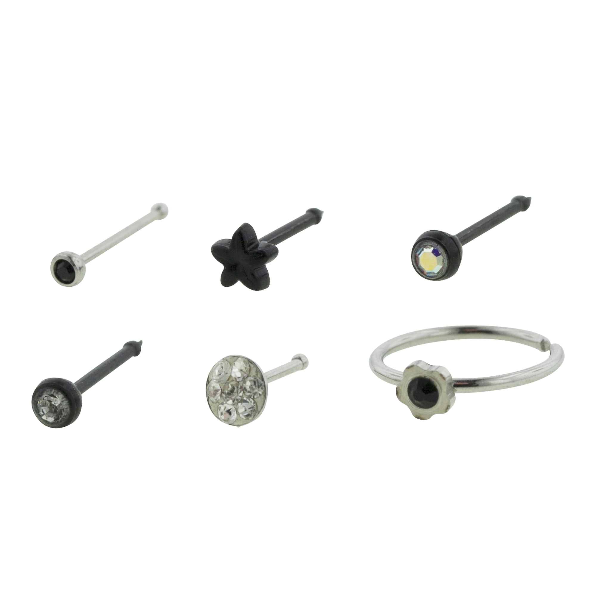 Body Jewelry Women's 22G Crystal Nose Rings Set, 6 Pack