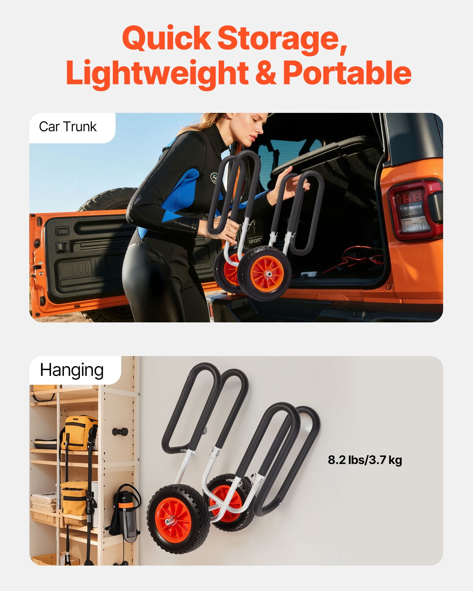 VEVOR Kayak Cart, 150 lbs Load Capacity, Stand Up Paddle Board Trolley with 10-inch Solid Rubber Tires & Kickstands, Paddle Board Carrier with Ratchet Strap for Paddleboard & Surfboard Transport