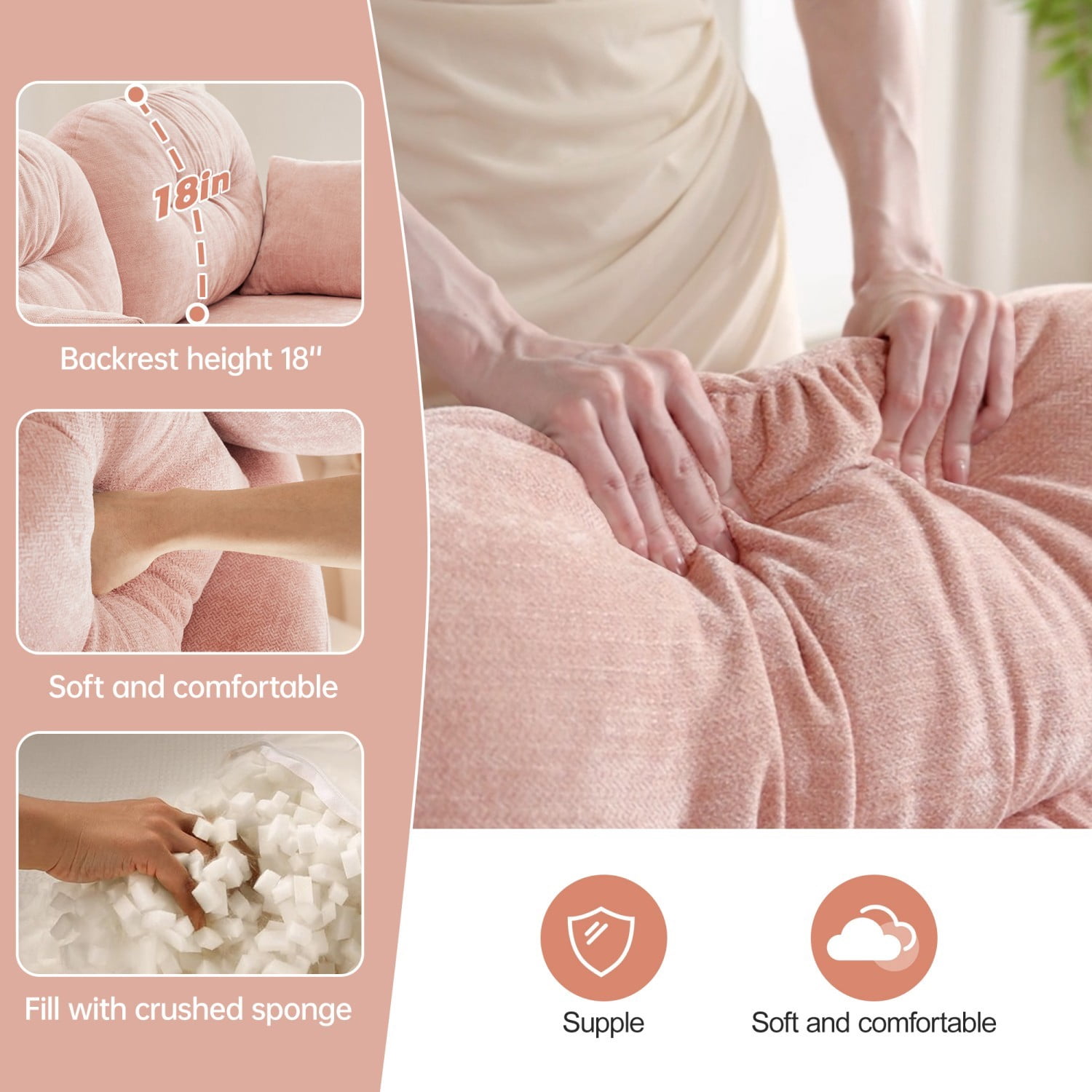 Modular Sectional Sofa Cloud Couch Loveseat Chenille Fabric Tufted Sofa Ergonomic 2-Seater Couch with Wooden Base for Living Room, Apartment, Pink