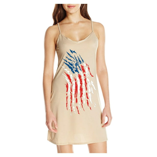 Leutsin Robe d'Été Décontractée Grande Taille pour Femmes, Robe Slim Ligne A Col en V Imprimé Jour de l'Indépendance Sans Manches