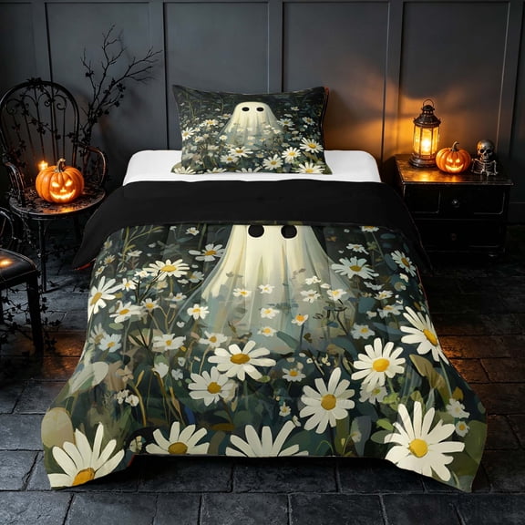 Homewish Halloween Ghost Twin Comforter Sets, Daisy Flower Bedding Set, Dark Sage Off White, Black Reversible, 2 Pieces 1 Comforter and 1 Pillowcase