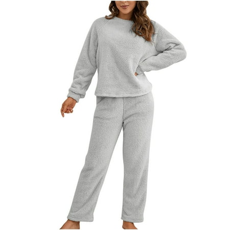 

yievot Women s Fluffy Pajamas Set Fleece Pullover Pants Two Piece Lounge Sets Loose Plush Sleepwear