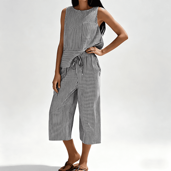 Zynoxe Two Piece Sets for Women Trendy Striped Womens Suit Set with Pockets Comfy Crew Neck Sleeveless Tops Drawstring Waist Capri Pants Suit Breathable Summer Beach Vacation Outfits S