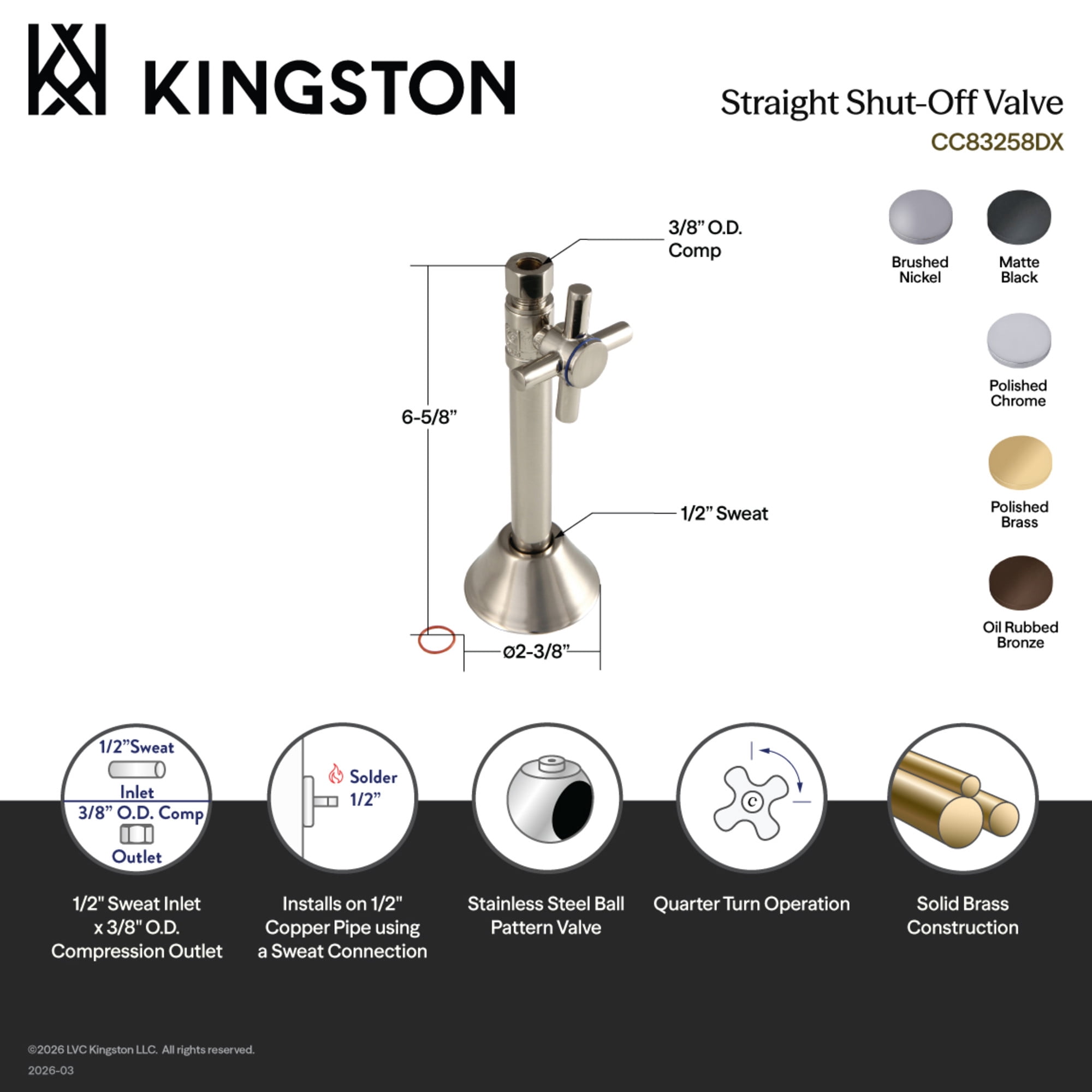 Kingston Brass CC83258DX 1/2-Inch Sweat x 3/8-Inch O.D. Comp Straight Shut-Off Valve with 5-Inch Extension in Brushed Nickel