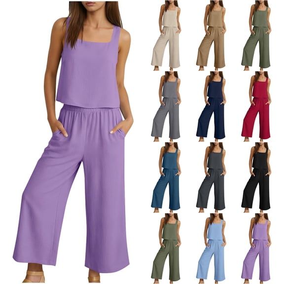 Women's 2 Piece Cotton Linen Set, Sleeveless Square Neck Tank Top and Elastic Waist Wide Leg Pants with Pockets, Matching Lounge Set, Summer Casual and Vacation Outfit-Beige