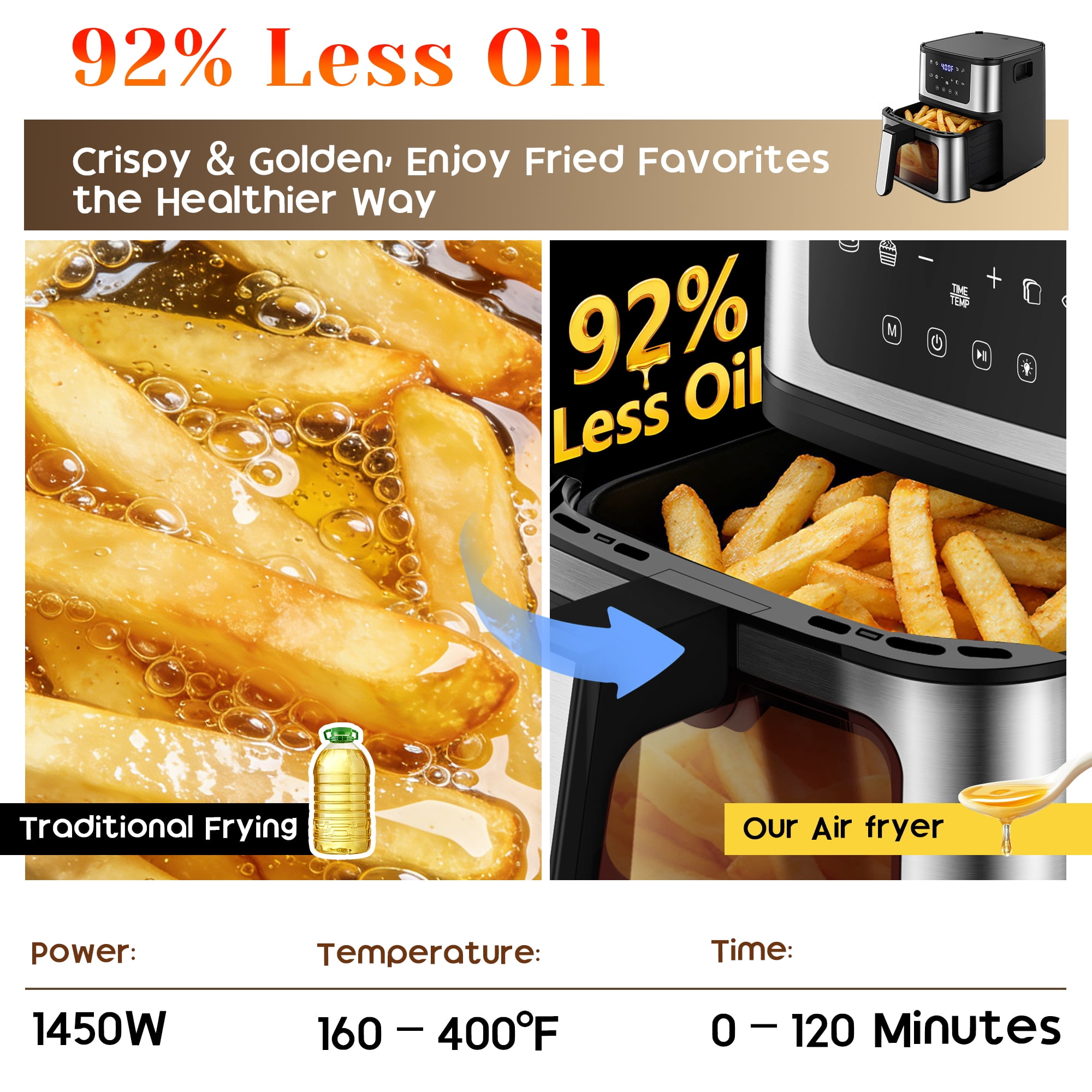 7.5QT Family-Size Air Fryer Oven – 8-in-1 Digital LED Touchscreen, 360° Rapid Air Circulatio, Detachable Grill Plate, Large Viewing Window, Nonstick Basket + 100 Liners, Up to 7 Servings