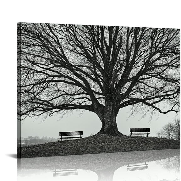 NJSTORE  Large Black and White Trees Canvas Wall Art Winter Oak Trees Branches Picture Nature Scenery Giclee Prints Framed and Stretched Premium Artwork for Home Living Room Bedroom 20x16in