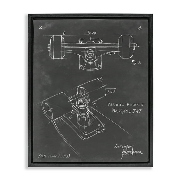 Stupell Industries Skateboard Truck Blueprint Sports Painting Black Floater Framed Art Print Wall Art, 17 x 21