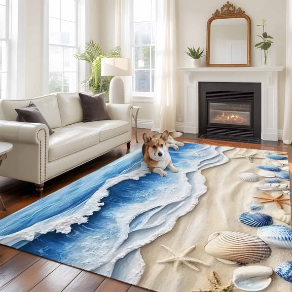 6'x9' Area Rugs, Coastal Blue Indoor Outdoor Area Rug for Living Room Bedroom, Starfish Beach Ocean Shell Sand Painting Washable Bathroom Rugs Kitchen Floor Carpet Mats Home Decor Aesthetic