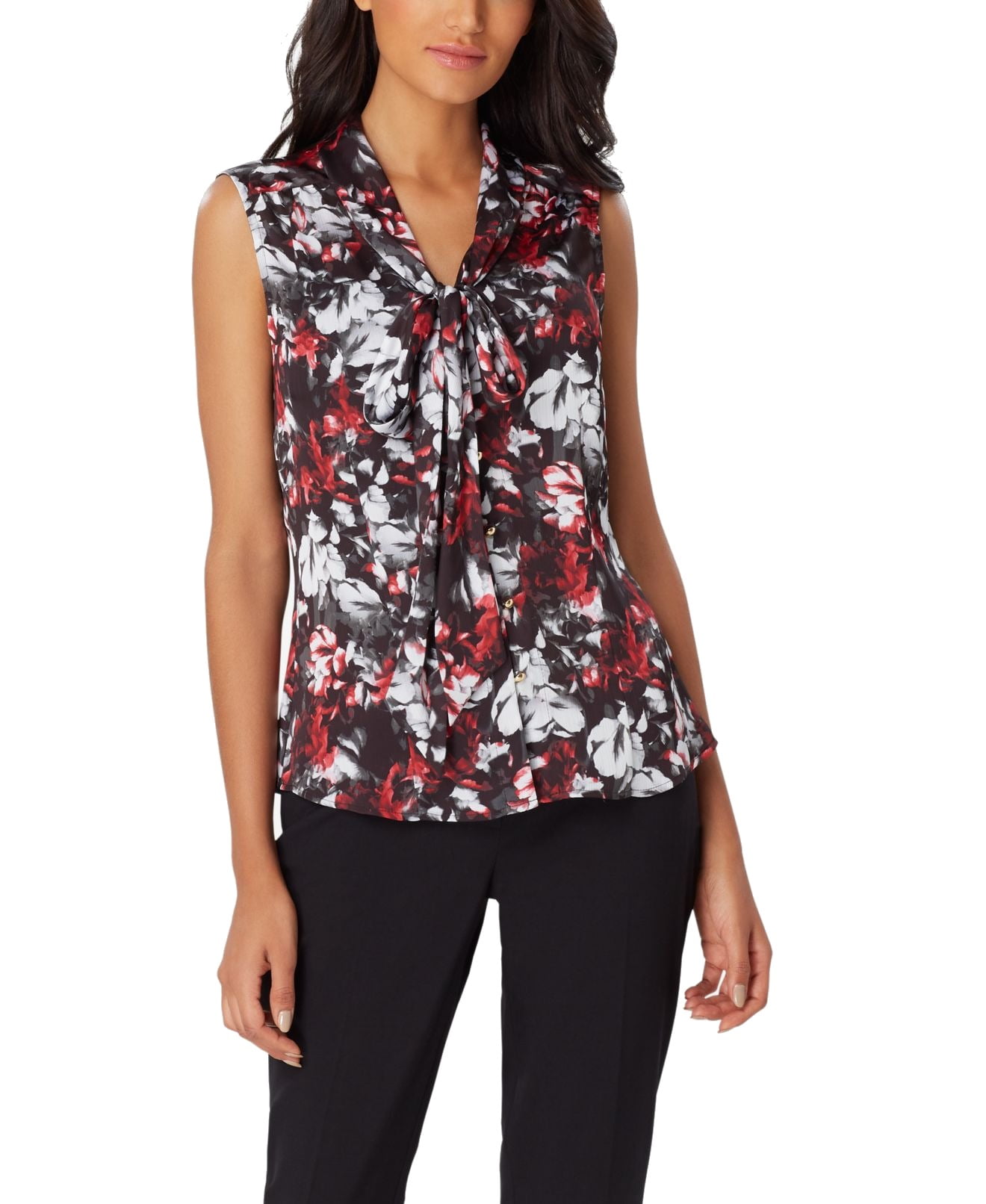 Tahari Tops & Blouses Womens Blouse Red Large Petite Floral Tie Neck