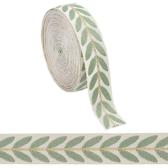 10 Yards Green Embroidered Ribbon Trim Tape Polyester White Jacquard Ribbons Boho Leaf Pattern Embroidery Woven Fabric Applique Trimming for Sewing Making Crafts Clothes Dresses Home Decor