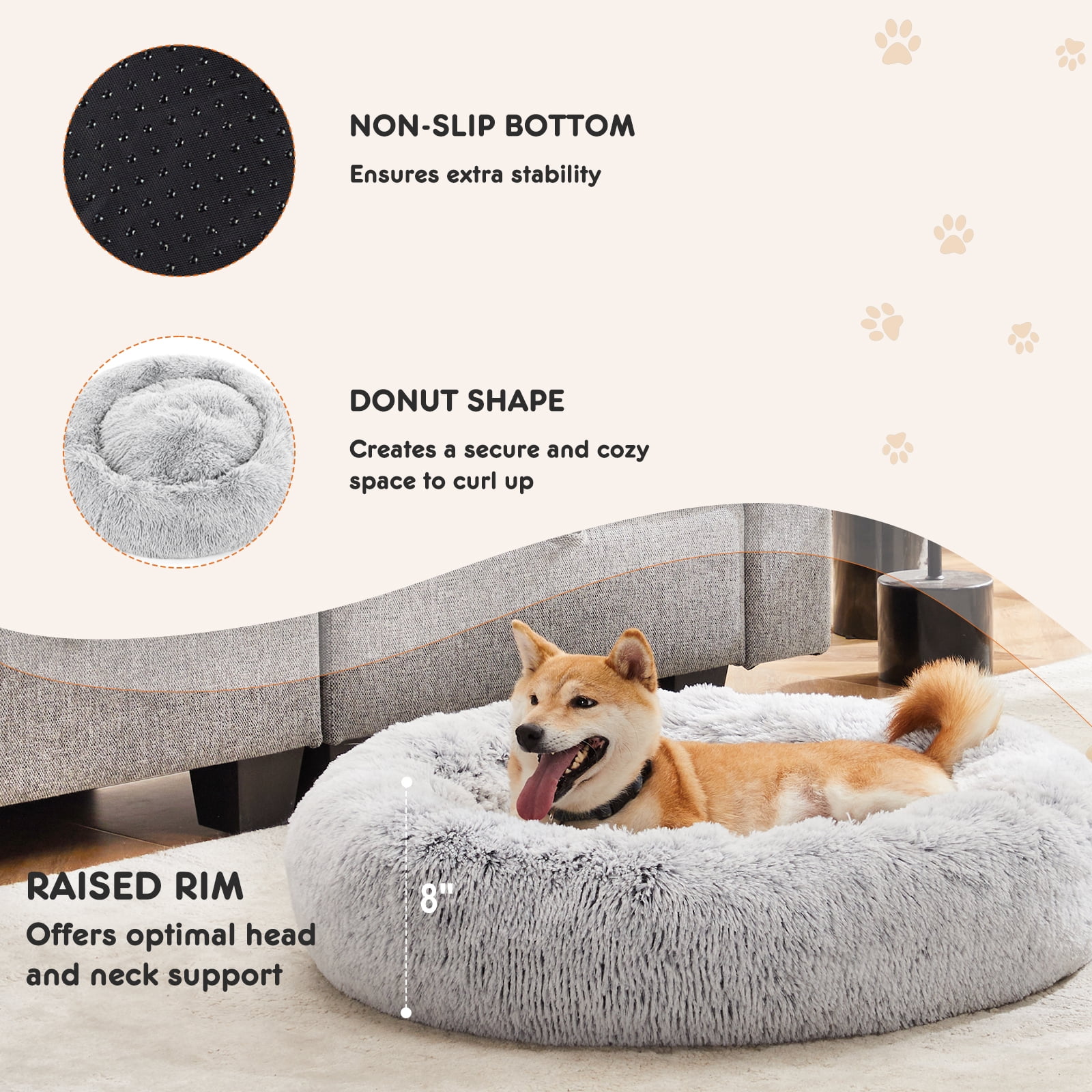 GIANNA Calming Donut Dog & Cat Bed, 20 Inches Round Fluffy Dog Beds for Medium Dogs, Anti-Anxiety Plush Dog Bed, Machine Washable Pet Bed, Gray
