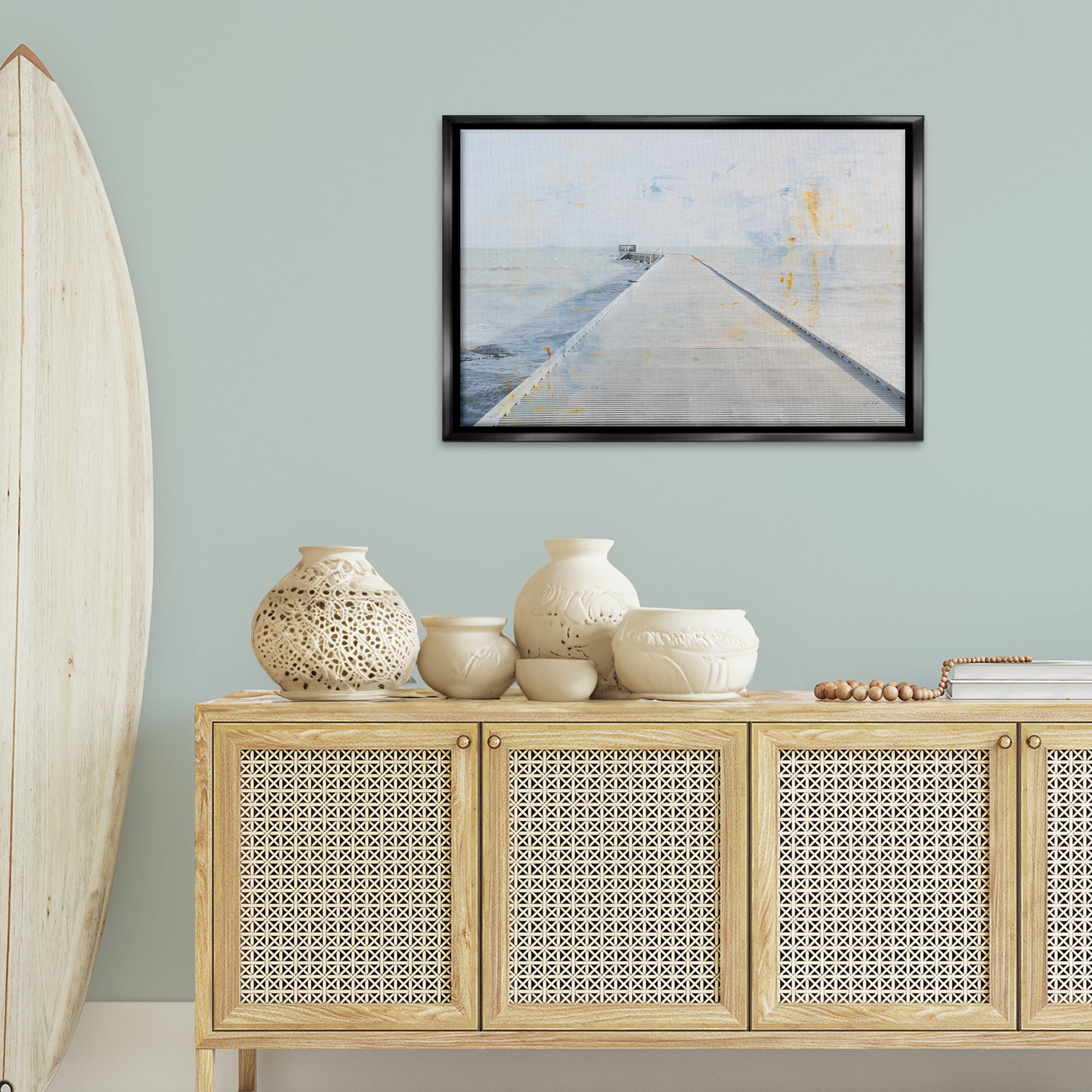 Stupell Industries Pier View Distressed Accents Landscape & Nature Painting Black Floater Framed Canvas Art Print Wall Art, 31 x 21