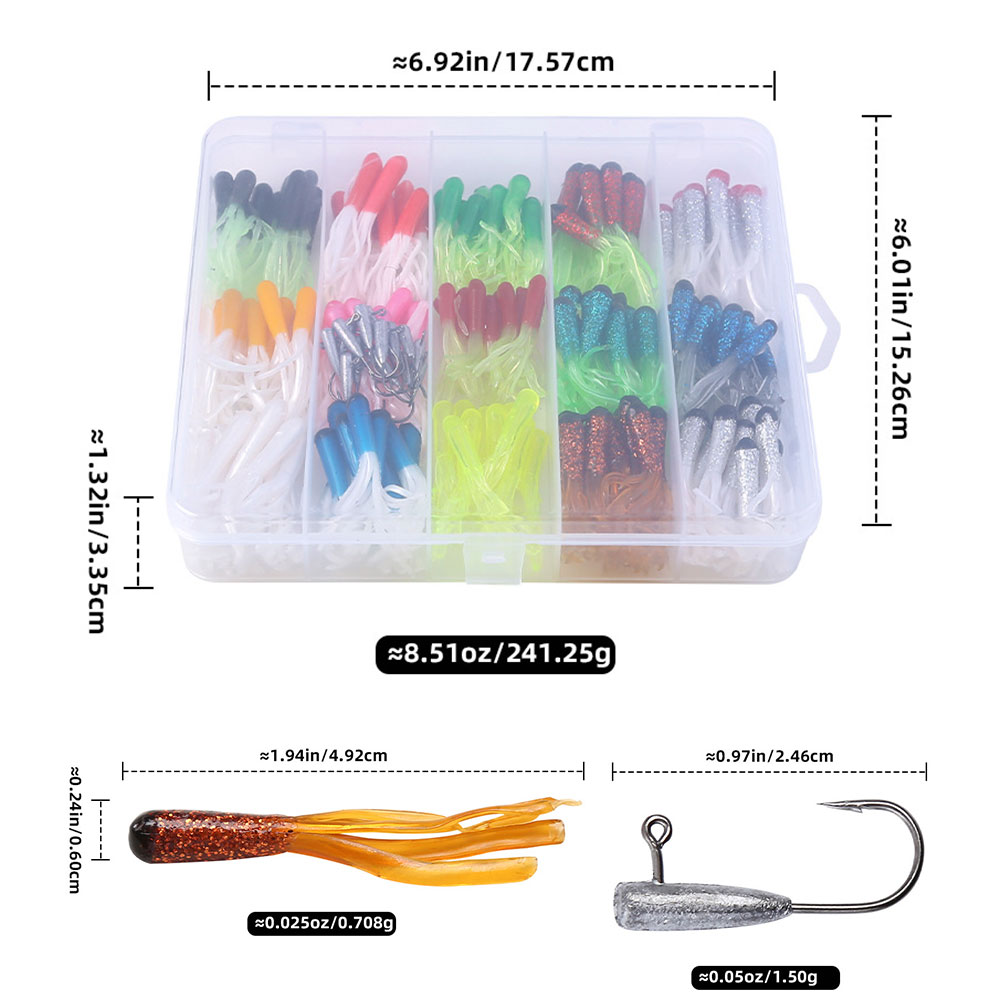 HUISZJ 165pcs Fishing Lure Set, Small Soft Tube Bass Lure Bait with Jig Hooks, Fishing Lure Artificial Bait Soft Worm Bait Silicone Swimbait