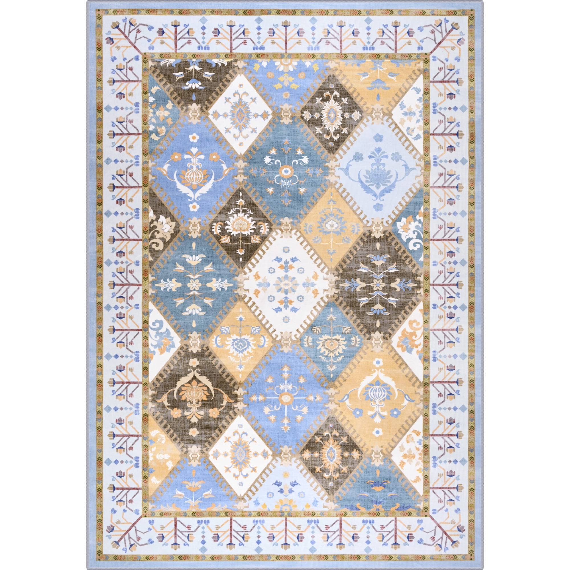 Wondo Moroccan Vintage Trellis Area Rug - Machine Washable Non-Slip Low-Profile 6x9 Floor Carpet for Living Room, Bedroom, Dining Room, Office & Nursery, Blue