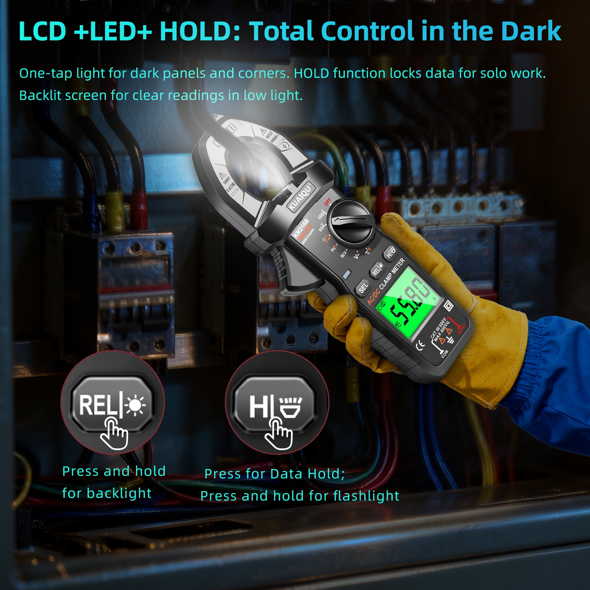 KUAIQU T-RMS Digital Clamp Meter 600A Current Amp Volt Meter 6000 Counts with NCV ℃/℉ Resistance Capacitance Frequency Duty Cycle AUTO Handheld Multimeter