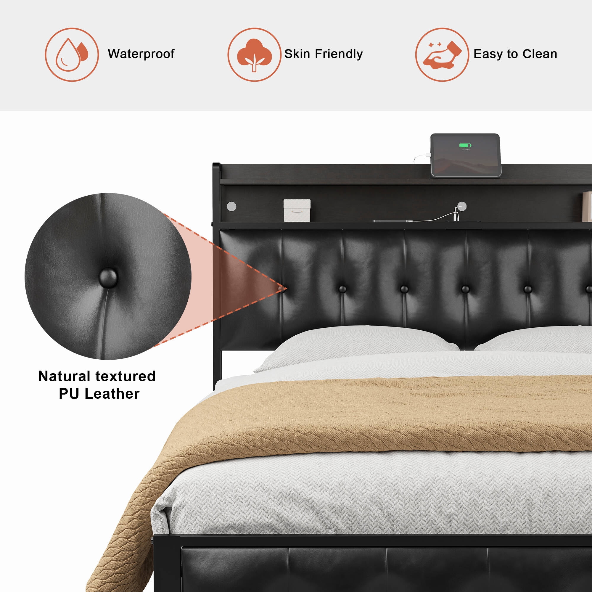 GUNAITO Full Size Bed Frame with PU Leather Storage Headboard & Footboard Upholstered Platform Bed with LED Lights USB Ports & Outlets Black