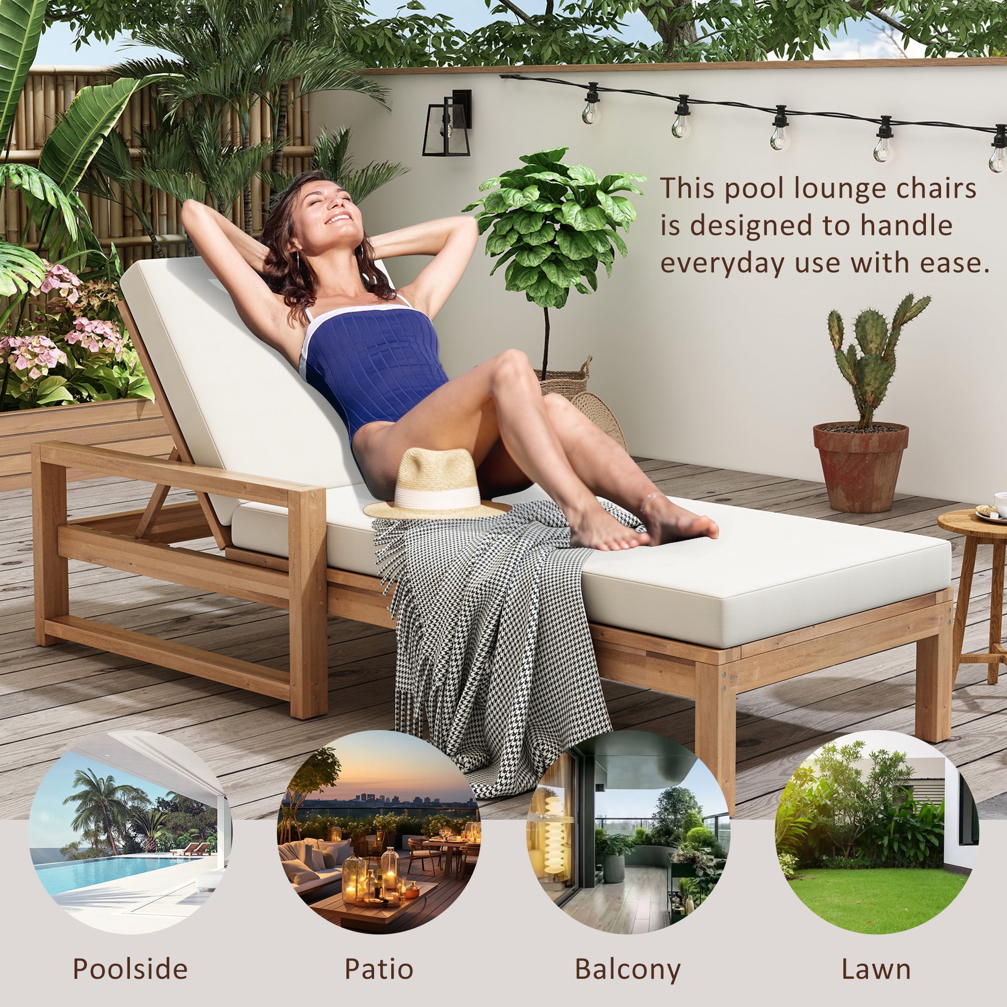 Cushioned 5 Position Lounge Chair, Outdoor Patio Recliner with Soft Pad for Backyard Deck, Light Teak