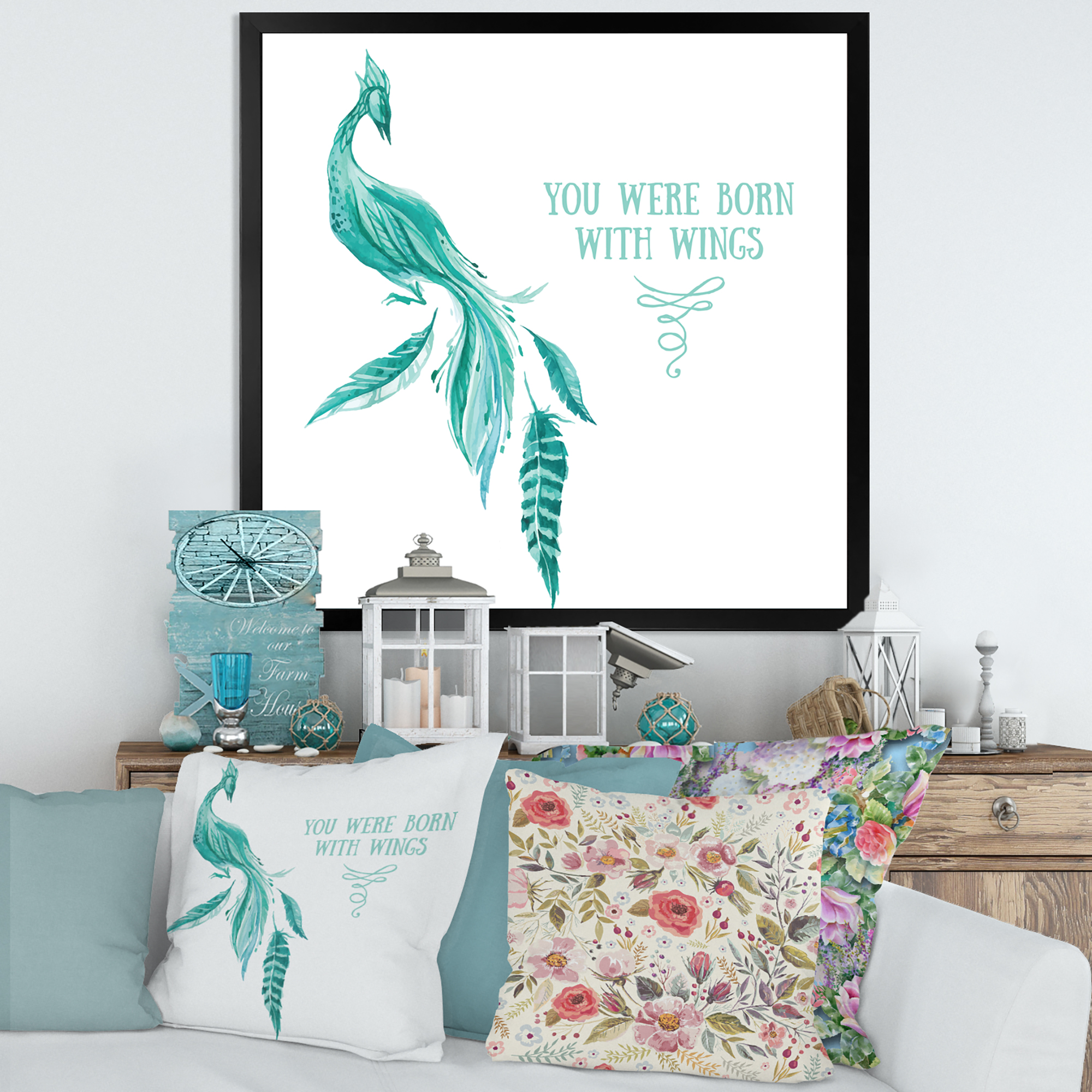 Designart 'Turquoise Bird You Were Born With Wings' Traditional Framed Art Print
