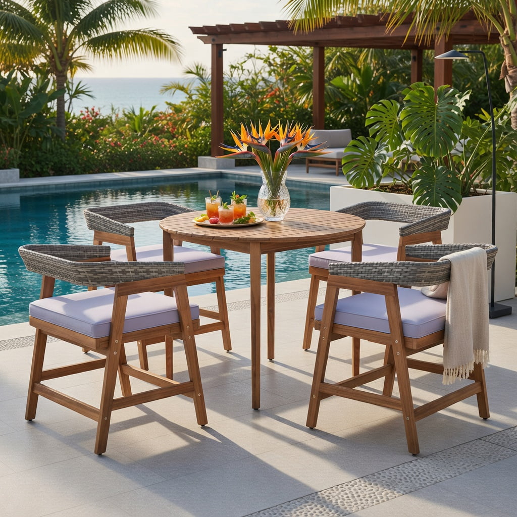 Hommoo 4-Piece Outdoor Dining Chair Set, Acacia Wood Frame with PE Rattan Weave & Cushions for Patio, Backyard, Poolside, Ergonomic Design, Gray