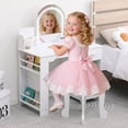 thumbnail image 1 of Kojooin Kids Vanity Desk Set with Lighted Mirror, Wooden Makeup Table with Bookshelf, Drawer, Shelves and Stool, 1 of 8