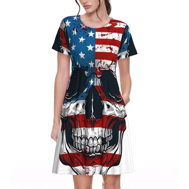 Disketp American Flag Skull para Vestido de Manga Corta para Mujeres, Vestidos de Verano para Mujeres, Casual y Holgado para la Playa