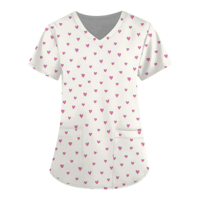LSLJS Women's Fashion Short Sleeve V-Neck Tops Working Uniform Printing Pocket Blouse Tops, Womens Plus Scrubs