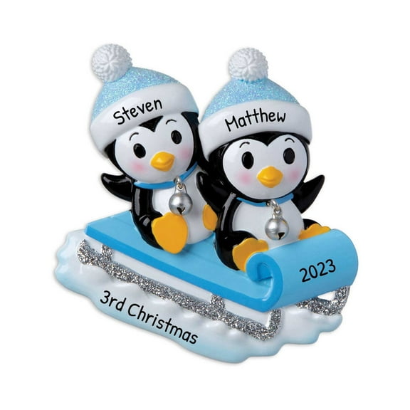 Ornaments by Elves Personalized Baby Penguin Twins on Blue Sled Christmas Ornament 2024 Decor .25lbs