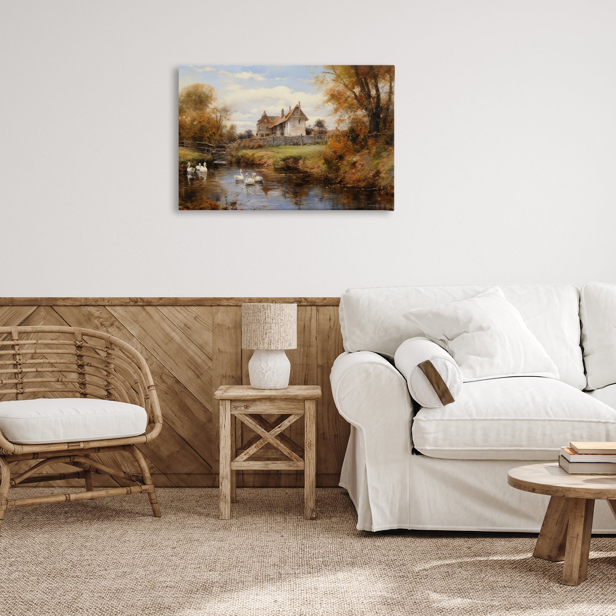 Stupell Industries Ducks in Cottage River Landscape & Nature Painting Wrapped Canvas Art Print Wall Art, 30 x 20